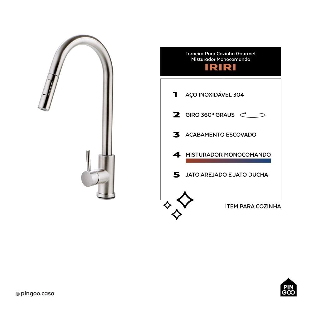 Cuba para Cozinha com Tábua de Corte Awá e Torneira Misturador Monocomando em Aço Inox Iriri - Prata