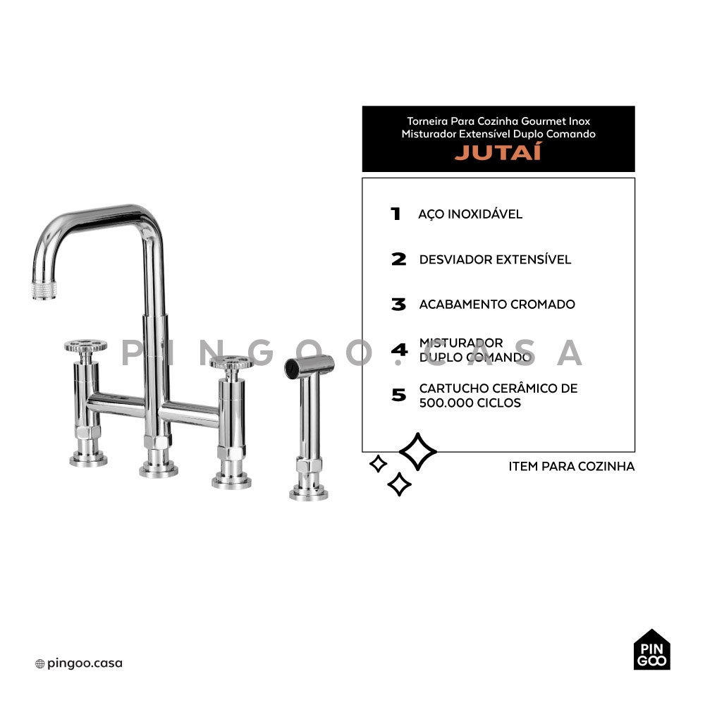 Cuba para Cozinha com Acessórios Jarauara e Torneira Misturador Extensível Duplo Comando Jutaí - Prata
