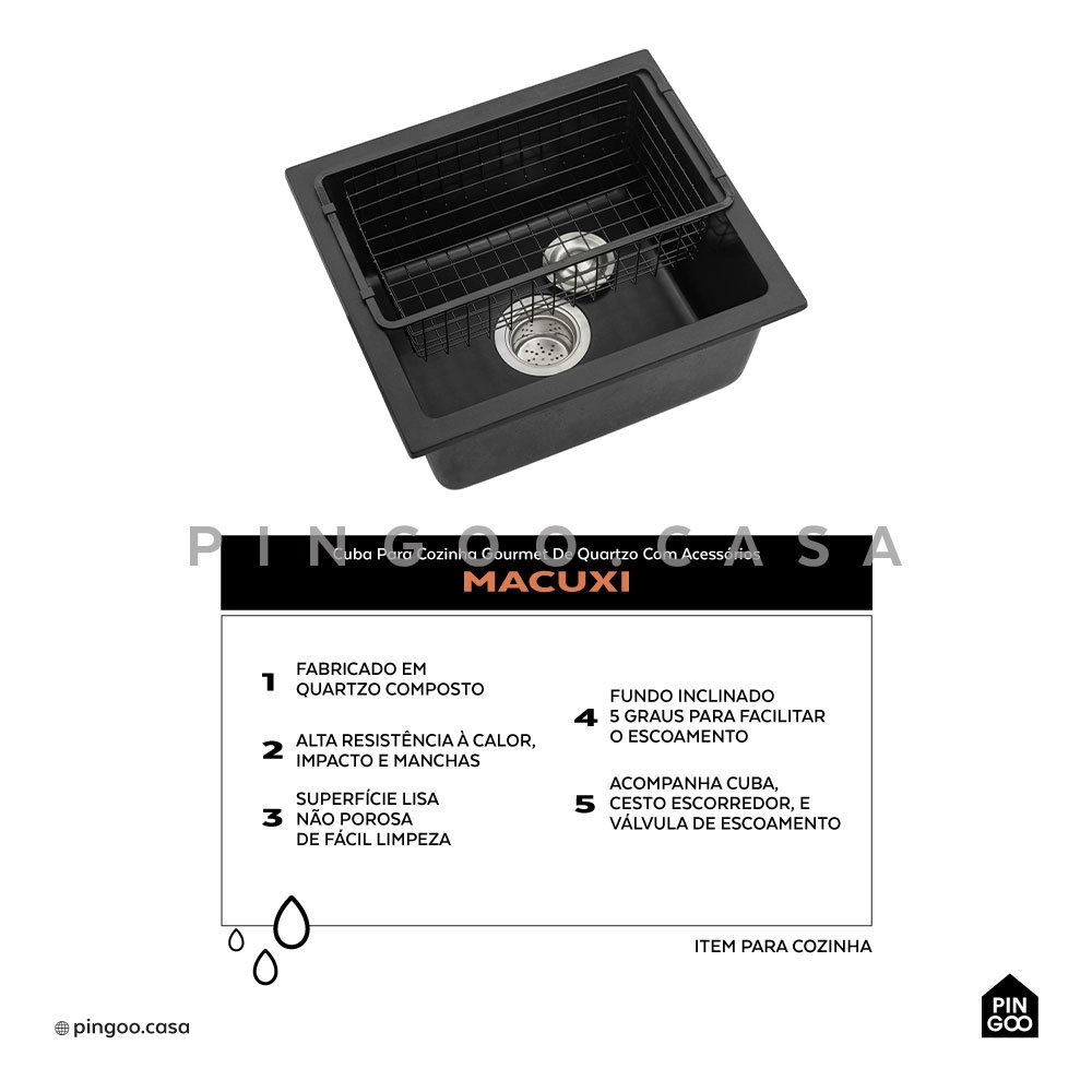 Cuba Gourmet para Cozinha com Acessórios Quartzo 40x44cm Macuxi Pingoo.casa - Preto Cuba Gourmet para Cozinha com Acessórios Quartzo 40x44cm Macuxi Pingoo.casa - Preto