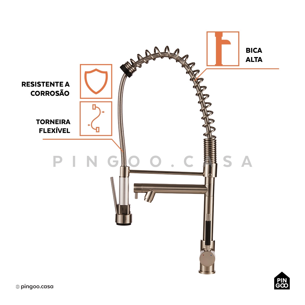 Torneira Para Cozinha Gourmet Misturador Monocomando Ituí Pingoo.casa - Prata Escovado