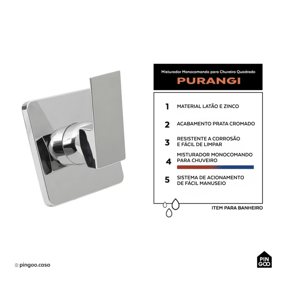 Acabamento de Misturador Monocomando para Chuveiro Quadrado Purangi Pingoo.casa - Prata
