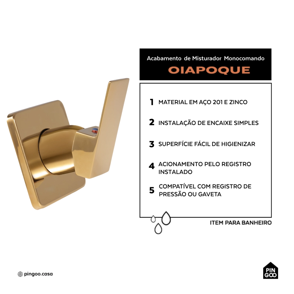Acabamento de Misturador Monocomando Quadrado para Banheiro Oiapoque Pingoo.casa - Dourado