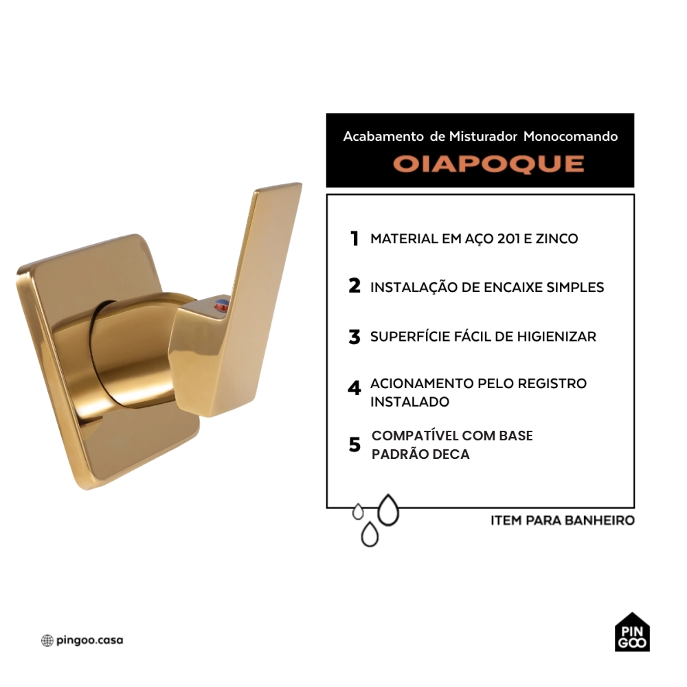 Acabamento de Misturador Monocomando Quadrado para Banheiro Oiapoque Pingoo.casa - Dourado