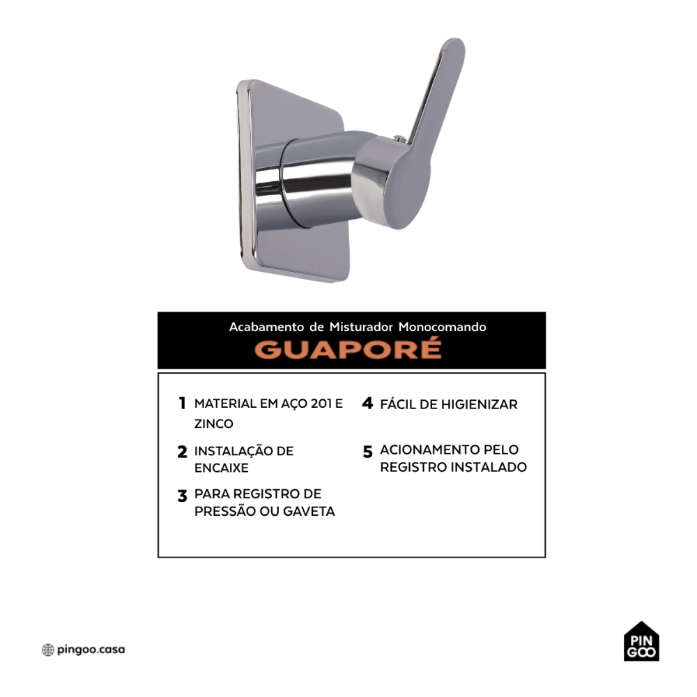 Acabamento de Misturador Monocomando Redondo para Banheiro Guaporé Pingoo.casa - Prata