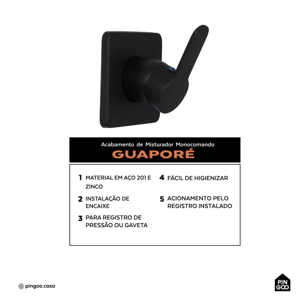 Acabamento de Misturador Monocomando Redondo para Banheiro Guaporé Pingoo.casa - Preto