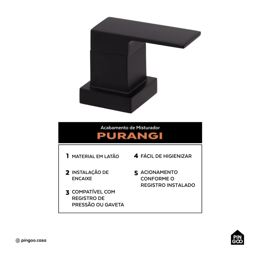 Acabamento de Misturador Monocomando para Banheiro Purangi Pingoo.casa - Preto