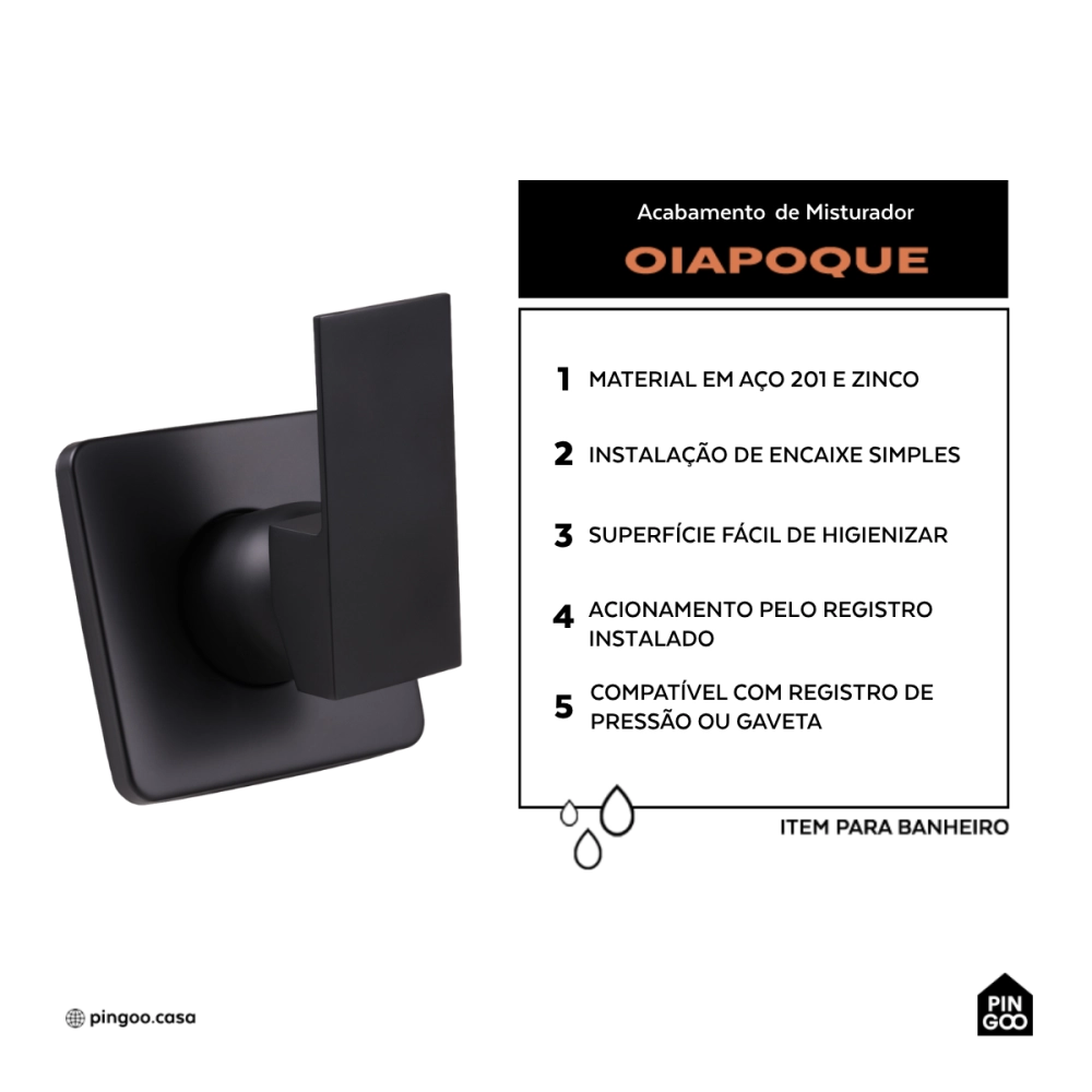 Acabamento de Misturador Monocomando Quadrado para Banheiro Oiapoque Pingoo.casa - Preto