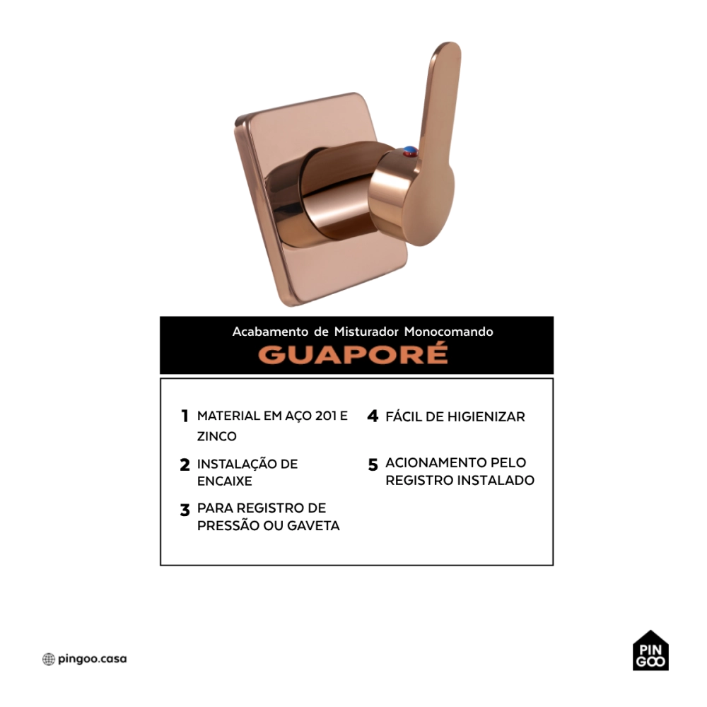 Acabamento de Misturador Monocomando Redondo Guaporé Pingoo.casa - Dourado Rose