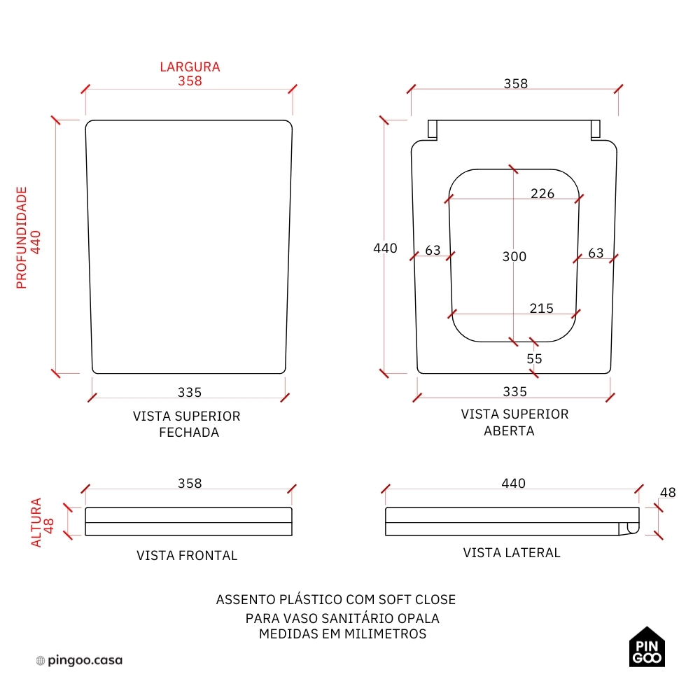 Assento Plástico com Soft Close para Vaso Sanitário Opala Pingoo.casa - Branco