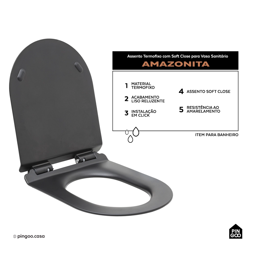 Assento Termofixo com Soft Close para Vaso Sanitário Amazonita - Preto
