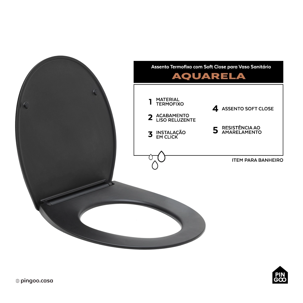 Assento Termofixo com Soft Close para Vaso Sanitário Aquarela - Preto
