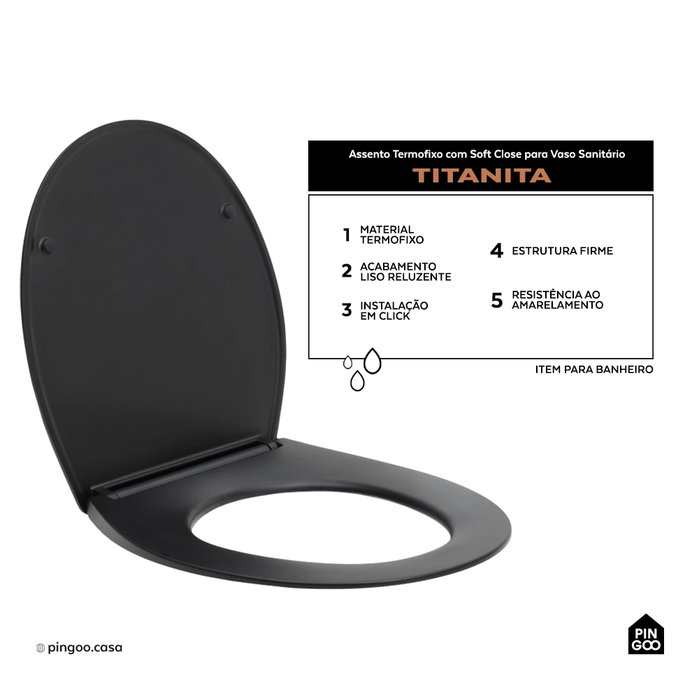 Assento Termofixo com Soft Close para Vaso Sanitário Titanita - Preto
