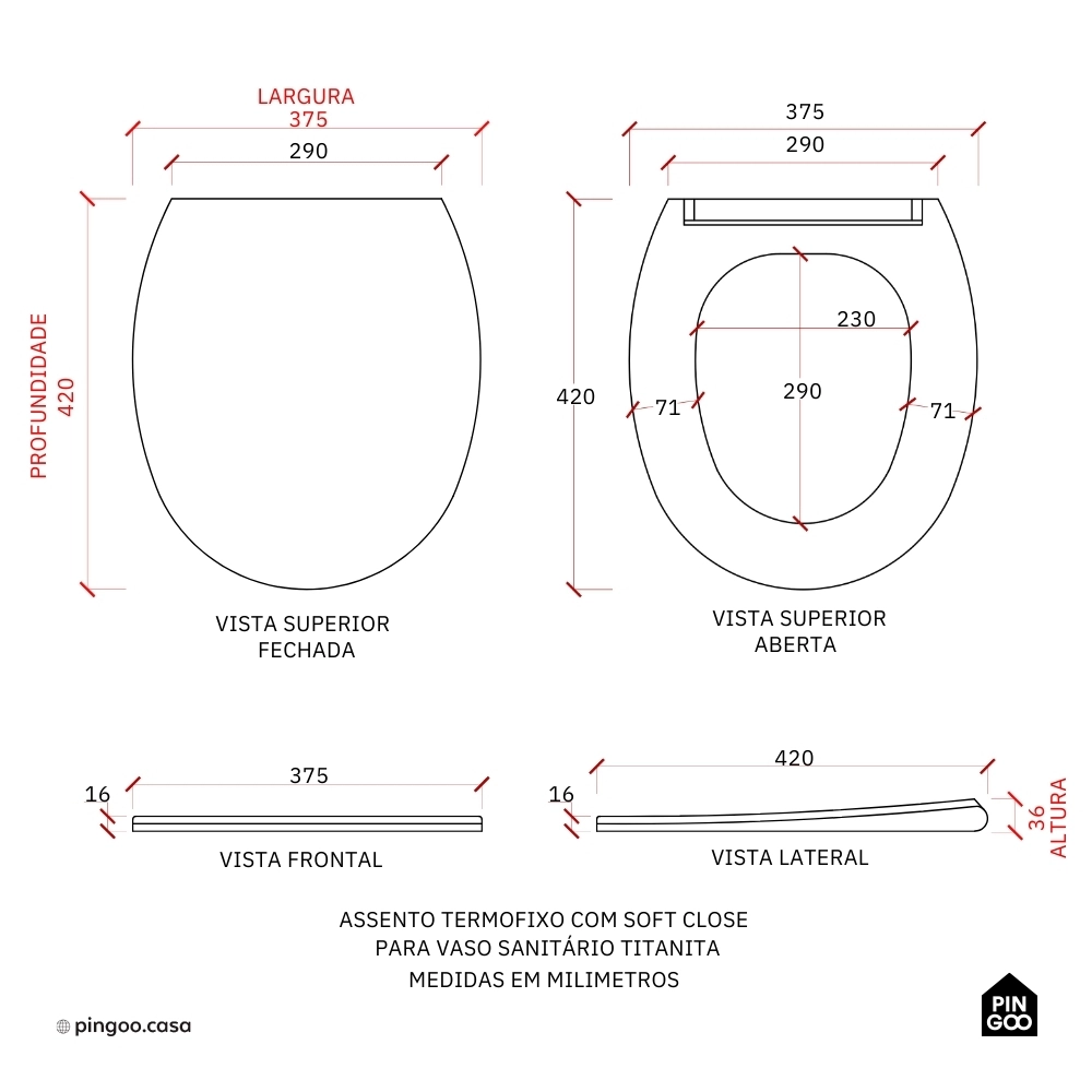 Assento Termofixo com Soft Close para Vaso Sanitário Titanita - Preto