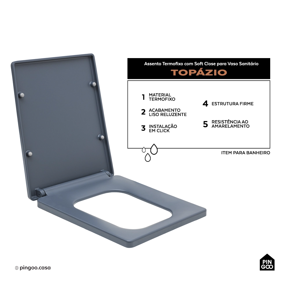 Assento Termofixo com Soft Close para Vaso Sanitário Topázio - Cinza