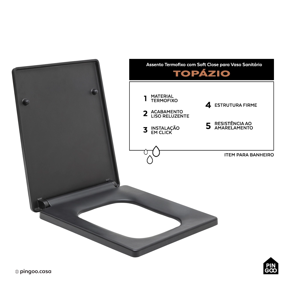 Assento Termofixo com Soft Close para Vaso Sanitário Topázio - Preto