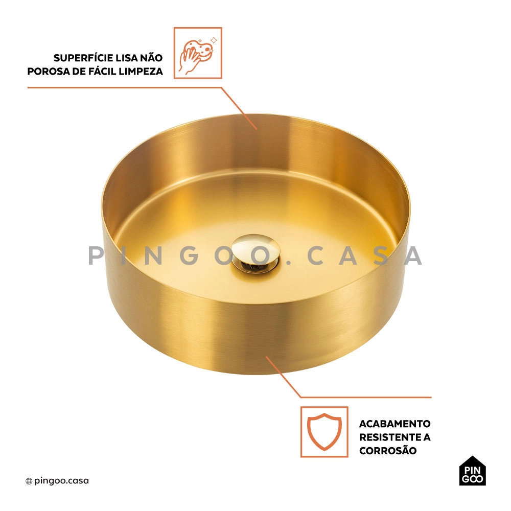 Cuba De Apoio Para Banheiro Slim Redonda Aço Inox 304 Makuna 40 cm Pingoo.casa - Dourado