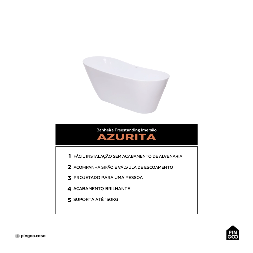 Banheira Freestanding Imersão Acrílico 165 cm Azurita Branco