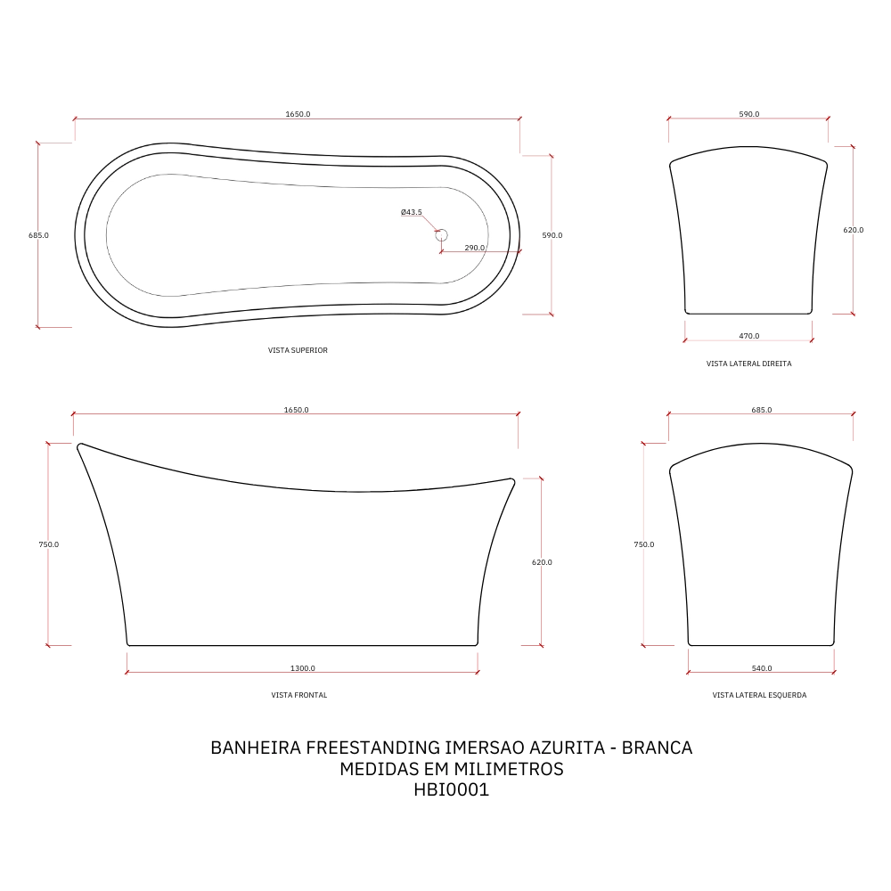 Banheira Freestanding Imersão Acrílico 165 cm Azurita Branco