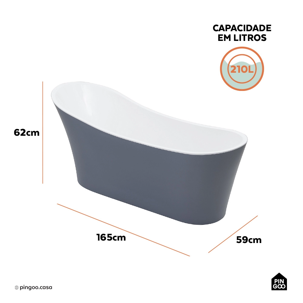 Banheira Freestanding Imersão Acrílico 165 cm Azurita Cinza