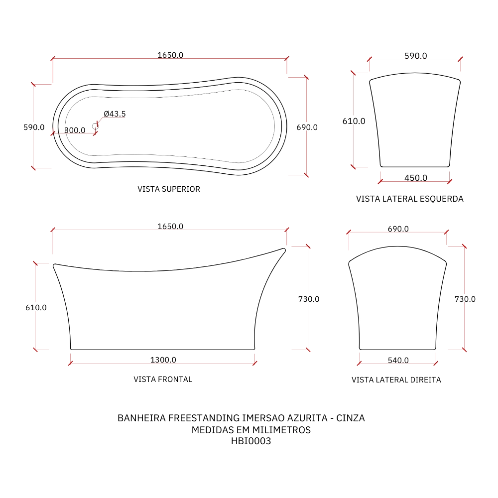 Banheira Freestanding Imersão Acrílico 165 cm Azurita Cinza