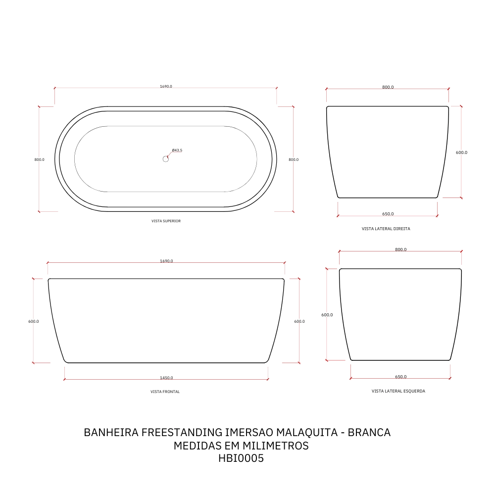 Banheira Freestanding Imersão Acrílico 169 cm Malaquita Branco