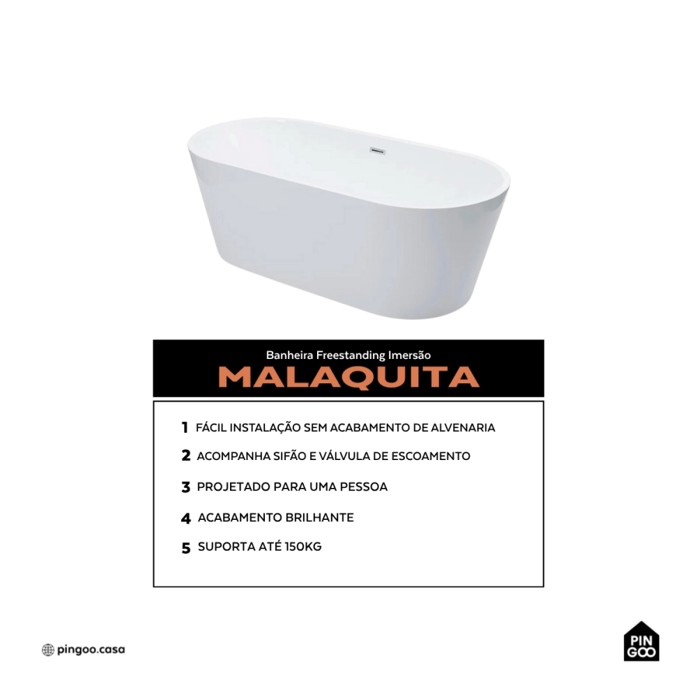 Banheira Freestanding Imersão Acrílico 169 cm Malaquita Branco