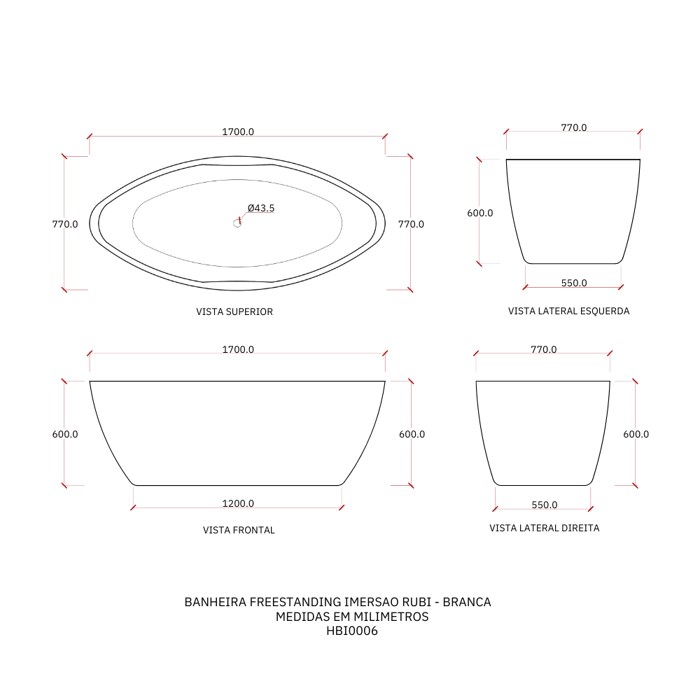 Banheira Freestanding Imersão Acrílico 170 cm Rubi Branco