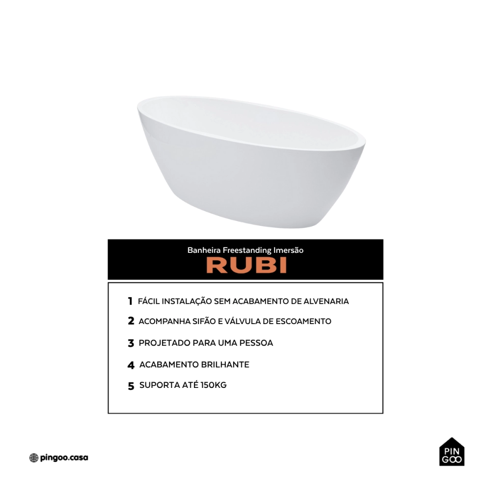 Banheira Freestanding Imersão Acrílico 170 cm Rubi Branco