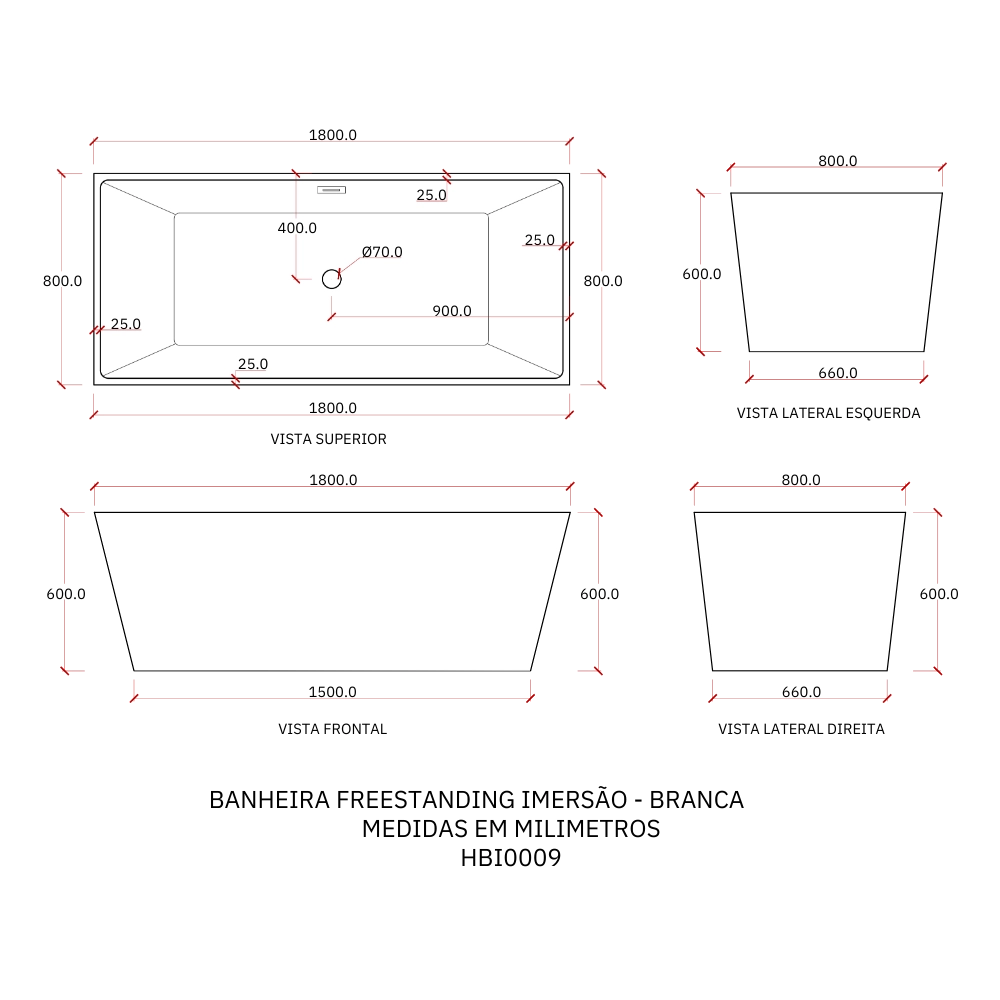 Banheira Freestanding Imersão Acrílico 180 cm Safira Branco