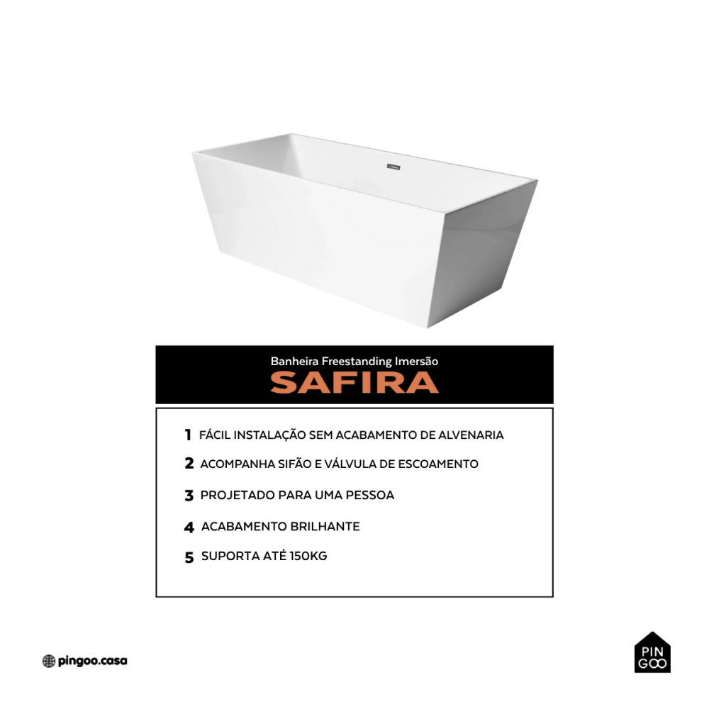 Banheira Freestanding Imersão Acrílico 180 cm Safira Branco