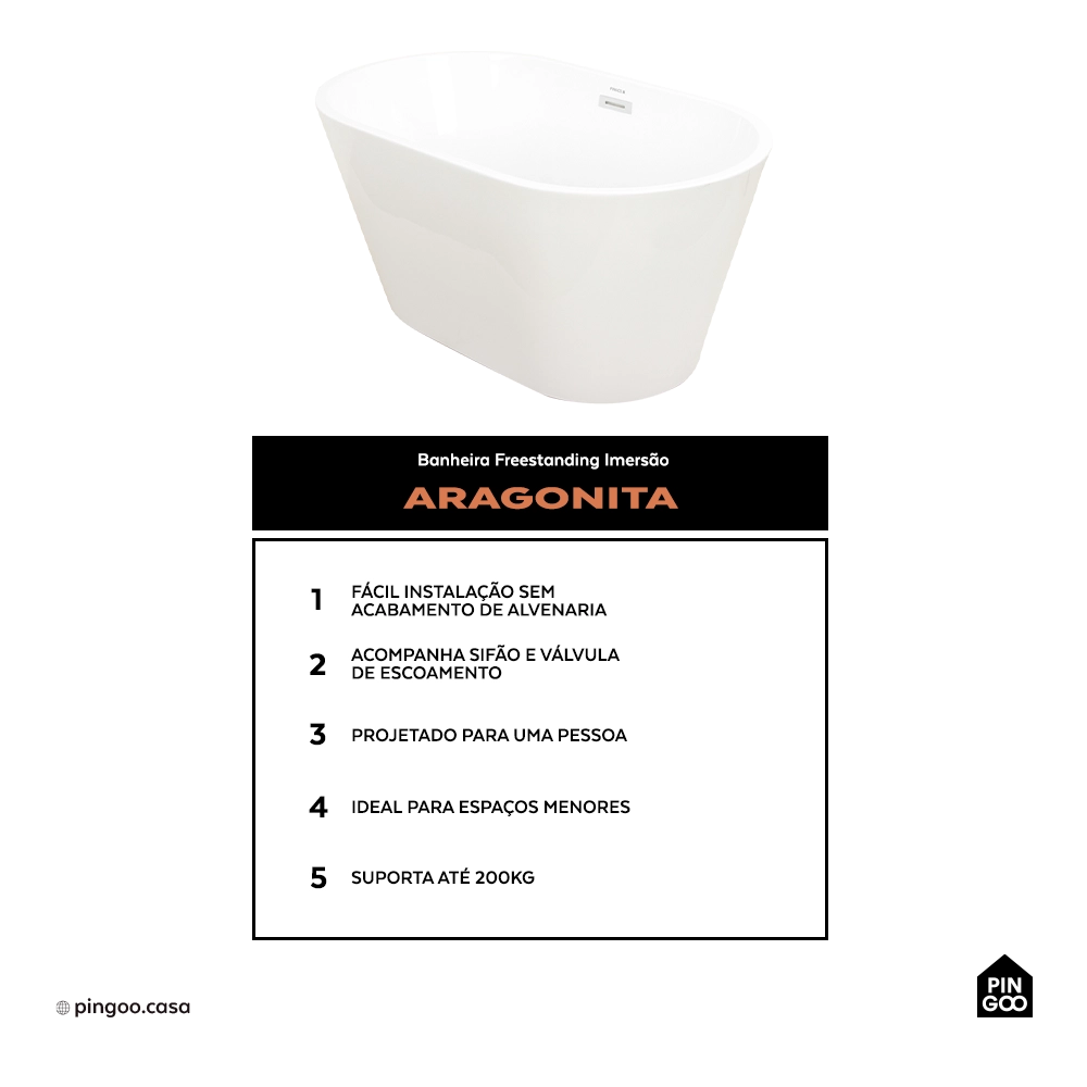 Banheira Freestanding Imersao 120 cm Aragonita Pingoo.casa - Branco