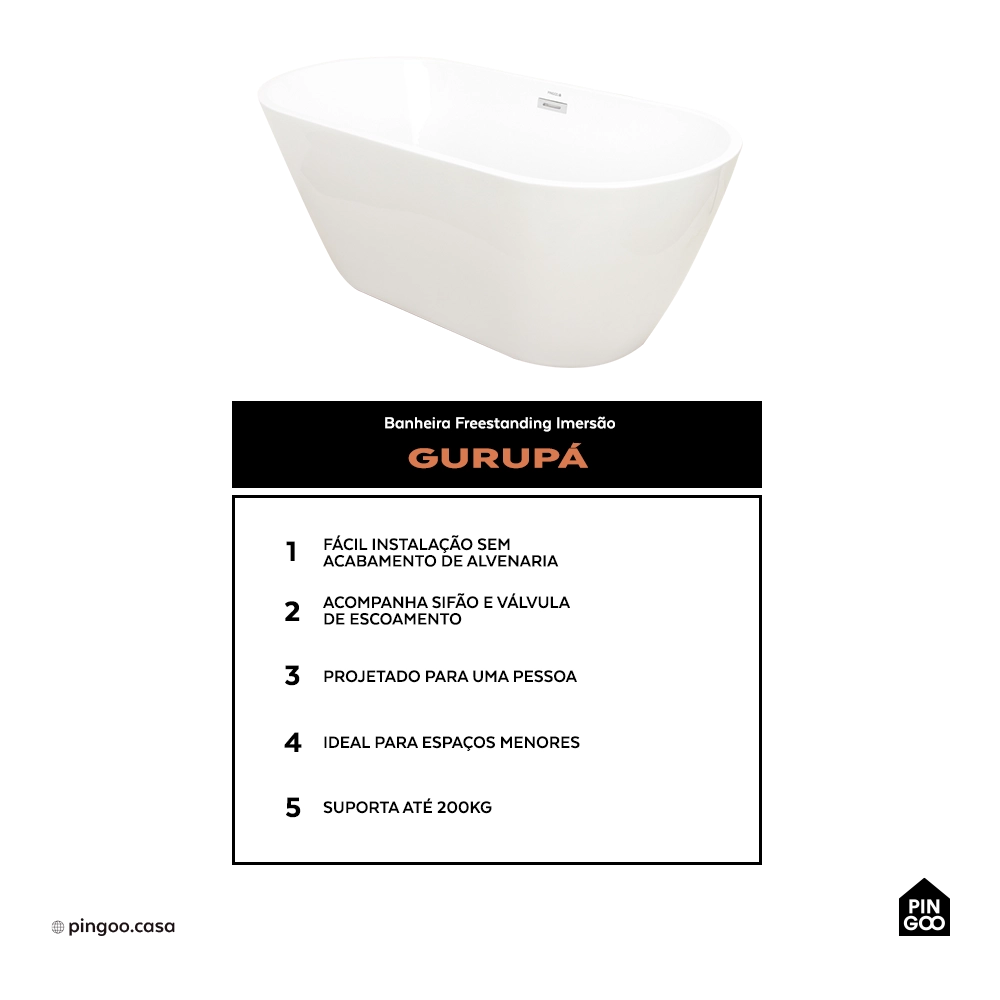 Banheira Freestanding Imersao 148,5 cm Gurupá Pingoo.casa - Branco