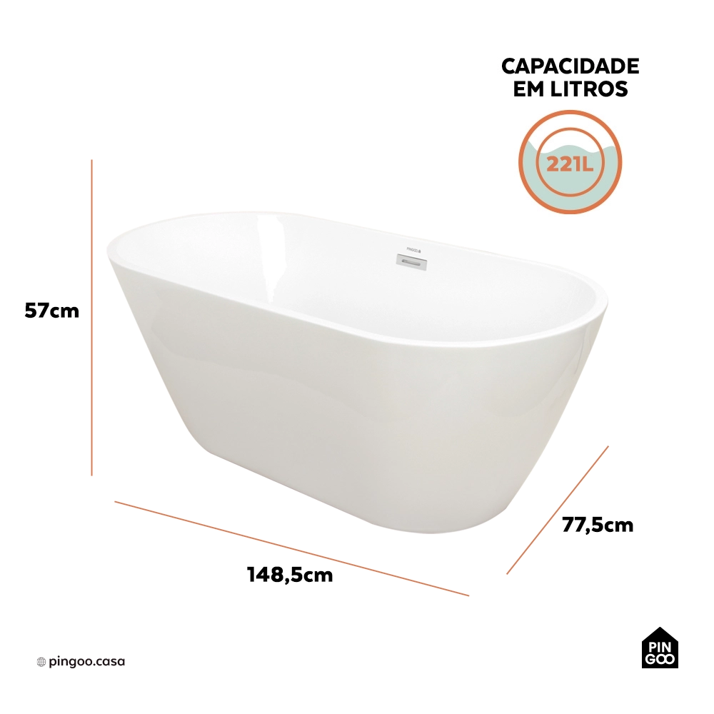 Banheira Freestanding Imersao 148,5 cm Gurupá Pingoo.casa - Branco