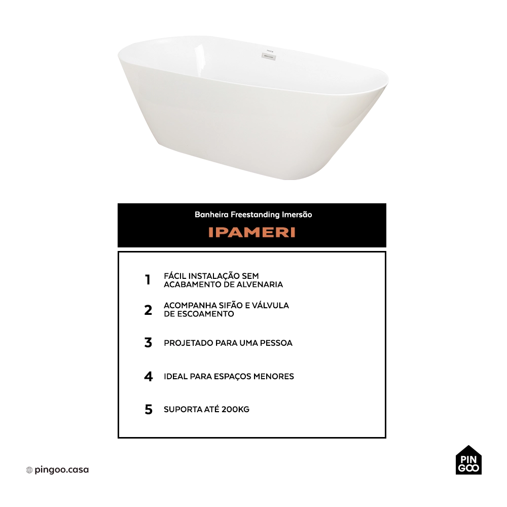 Banheira Freestanding Imersao 170 cm Ipameri Pingoo.casa - Branco