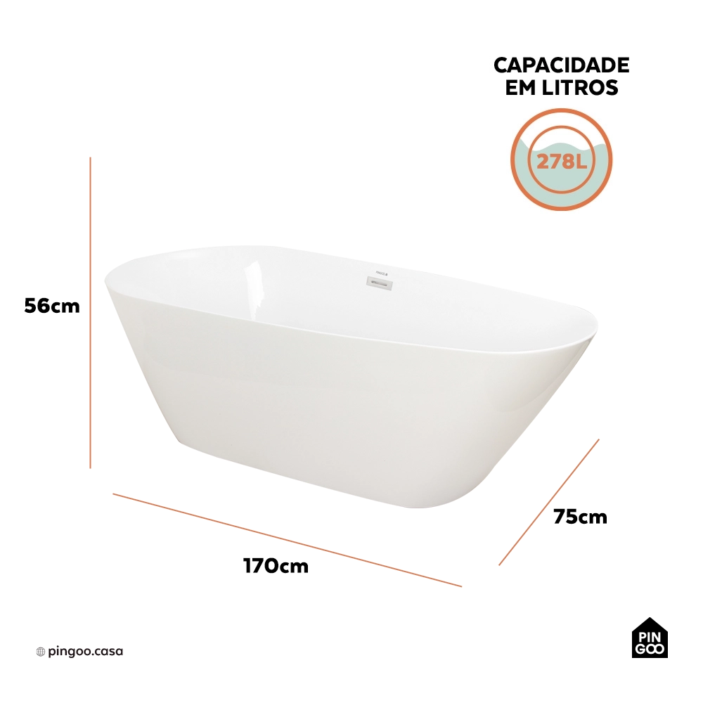 Banheira Freestanding Imersao 170 cm Ipameri Pingoo.casa - Branco