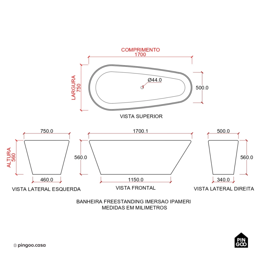 Banheira Freestanding Imersao 170 cm Ipameri Pingoo.casa - Branco