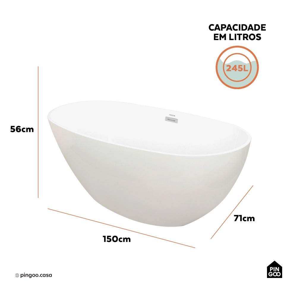 Banheira Freestanding Imersao 150 cm Juqueri Pingoo.casa - Branco