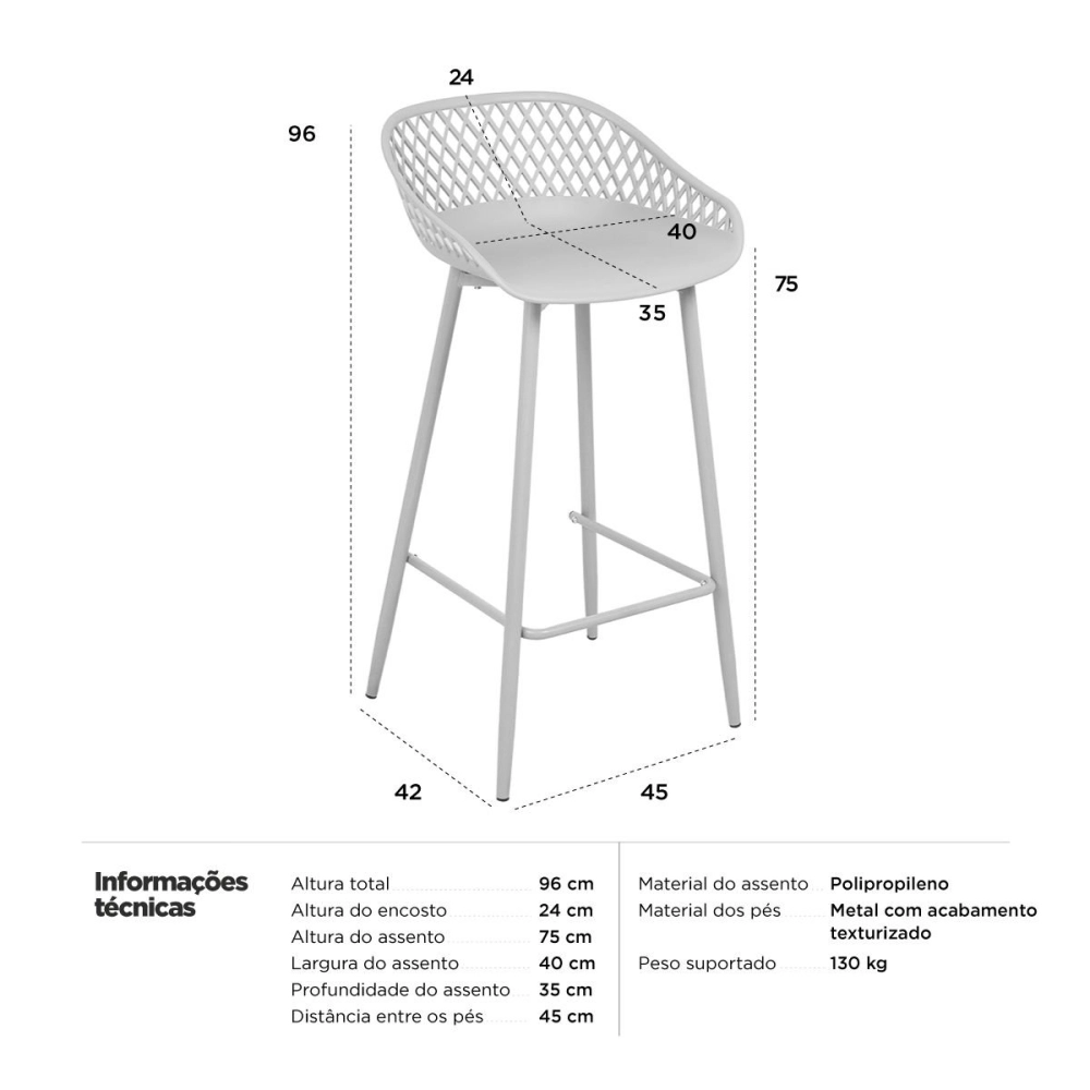 Banqueta alta para bancada Clarice Cloe com base de metal - Branco Banqueta alta para bancada Clarice Cloe com base de metal - Branco