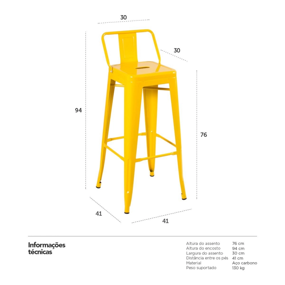 Banqueta alta para bancada Iron Tolix com encosto 76 cm - Amarelo
