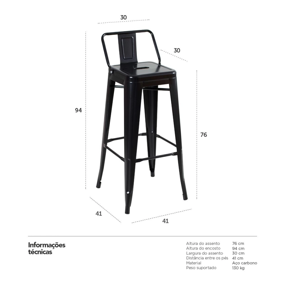 Banqueta alta para bancada Iron Tolix com encosto 76 cm – Preto Semibrilho