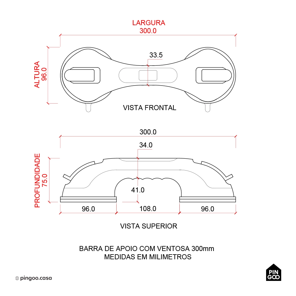 Barra de Apoio e Segurança com Ventosa 30 cm Jaru Pingoo.casa - Branco
