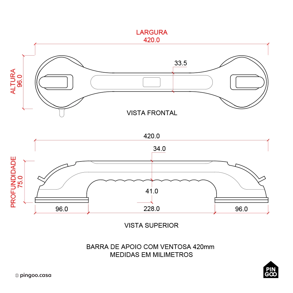 Barra de Apoio e Segurança com Ventosa 42 cm Jaru Pingoo.casa - Branco