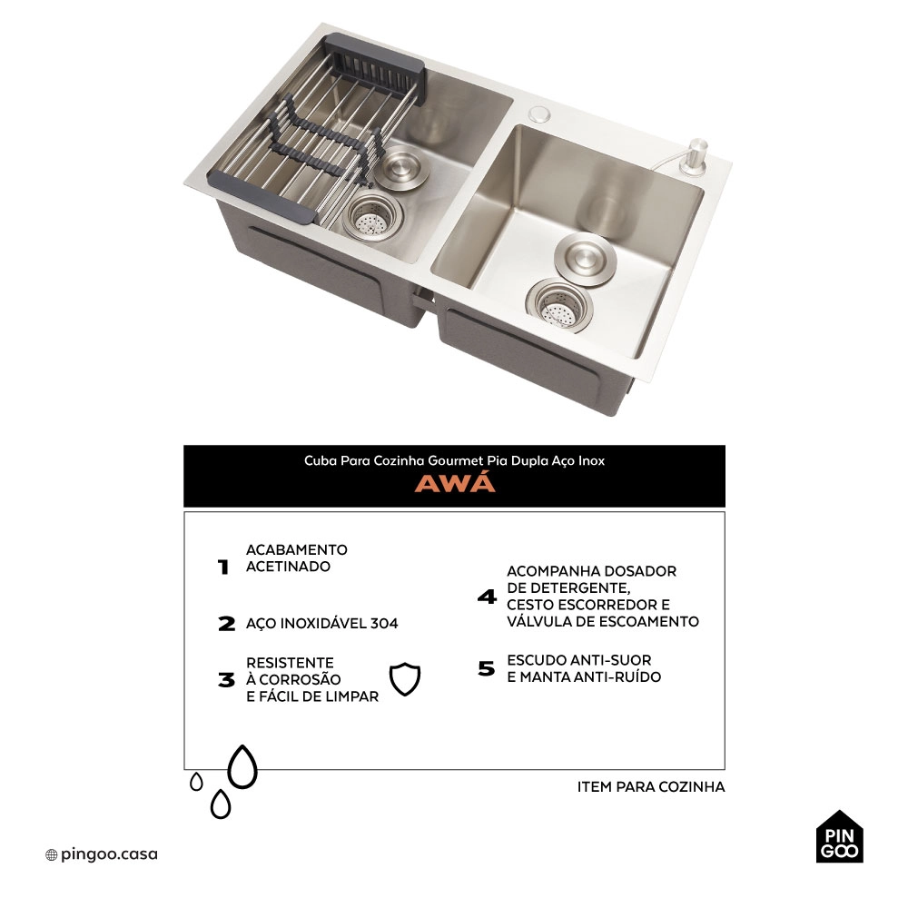 Cuba para Cozinha com Tábua de Corte Awá e Torneira Misturador Monocomando em Aço Inox Iriri - Prata