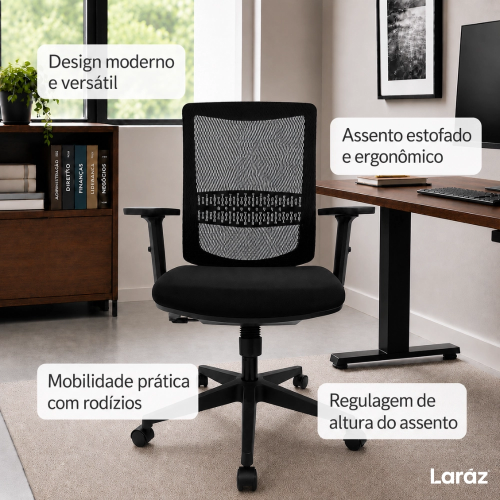 Cadeira de Escritório Estofada Sintra com rodízios - Preto