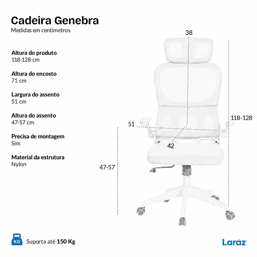 Cadeira de Escritório Presidente Genebra Mesh Ergonômica - Branco