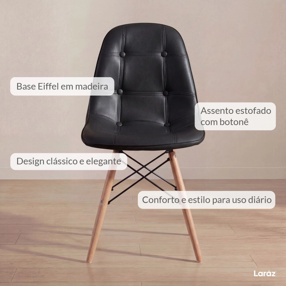 Cadeira de jantar Charles Eames Eiffel Botonê Estofada - Preto