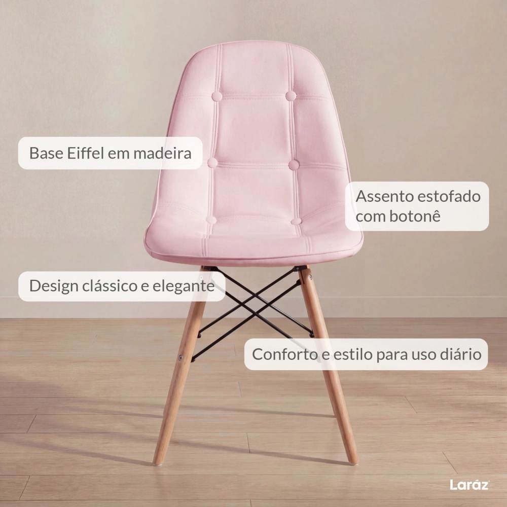 Cadeira de jantar Charles Eames Eiffel Botonê Estofada - Rosa claro