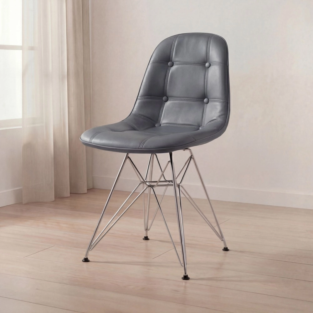 Cadeira estofada Charles Eames Eiffel Botonê DKR com pés de metal cromado - Cinza escuro Cadeira estofada Charles Eames Eiffel Botonê DKR com pés de metal cromado - Cinza escuro