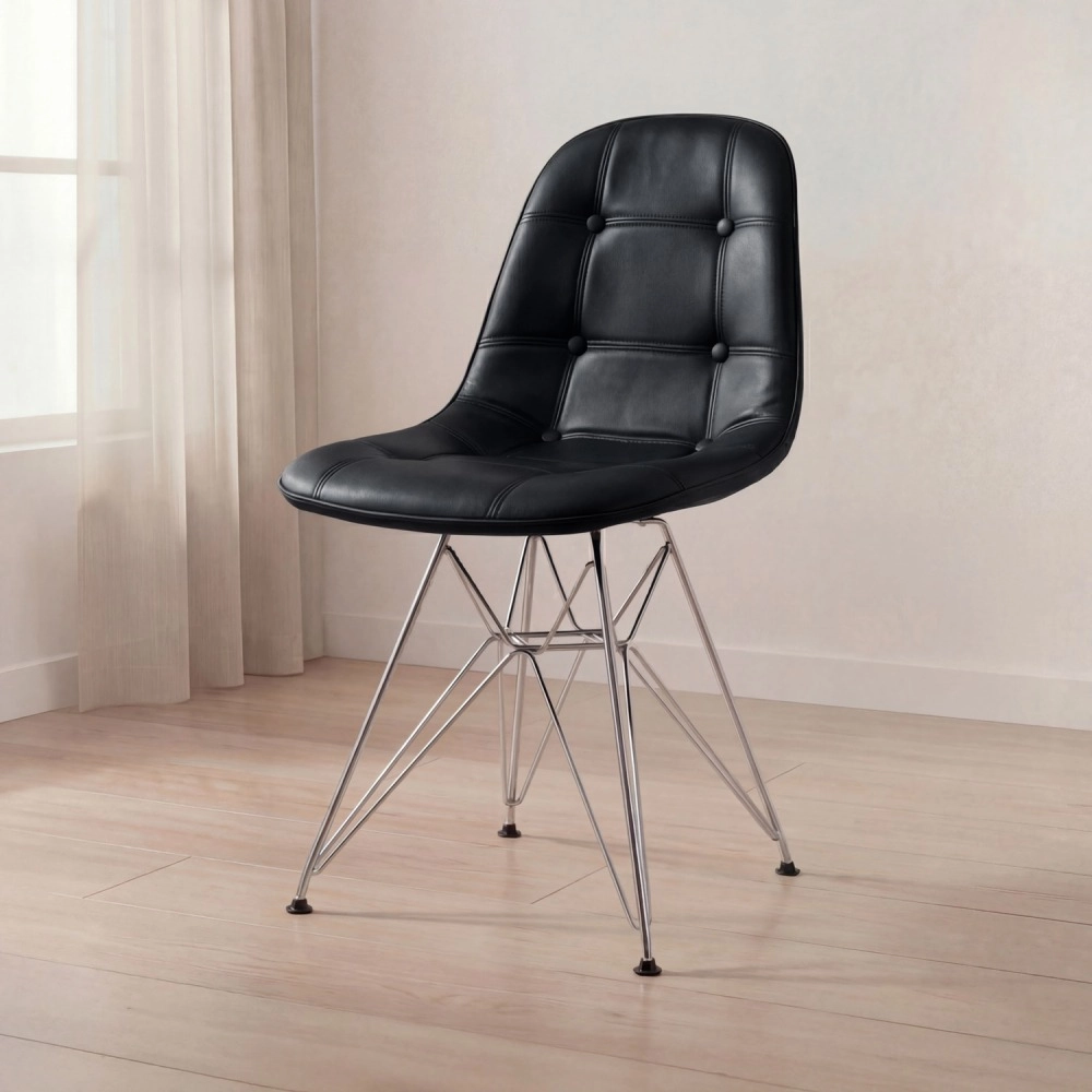 Cadeira estofada Charles Eames Eiffel Botonê DKR com pés de metal cromado - Preto Cadeira estofada Charles Eames Eiffel Botonê DKR com pés de metal cromado - Preto