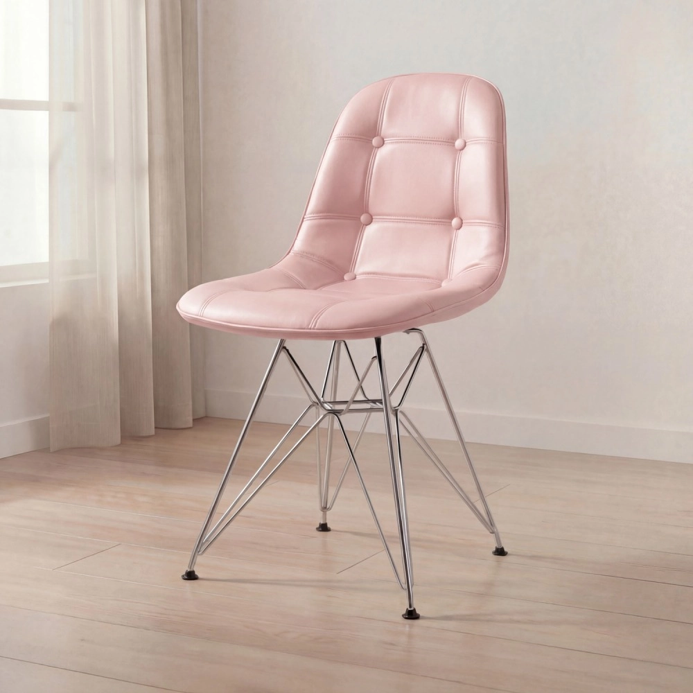 Cadeira estofada Charles Eames Eiffel Botonê DKR com pés de metal cromado - Rosa claro Cadeira estofada Charles Eames Eiffel Botonê DKR com pés de metal cromado - Rosa claro